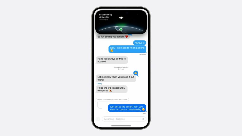 iPhone screenshot showing how to use satellite connection in Messages app
